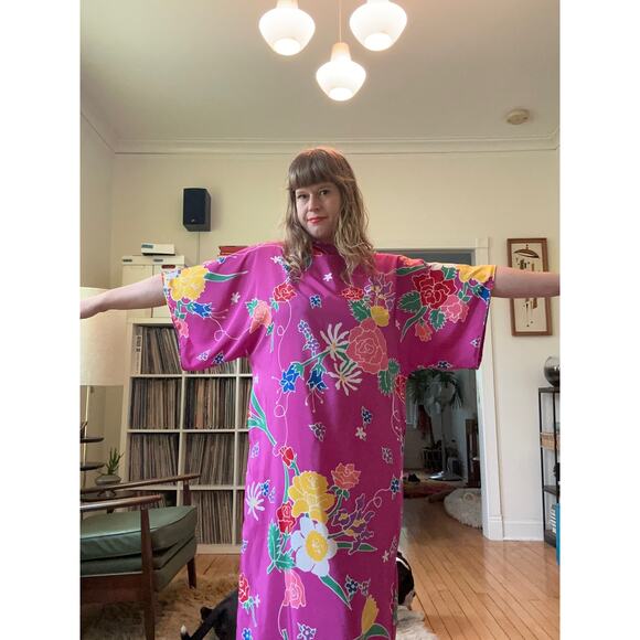 1980s vintage Oscar de la Renta caftan pink floral maxi dress loungewear large - Picture 2 of 10